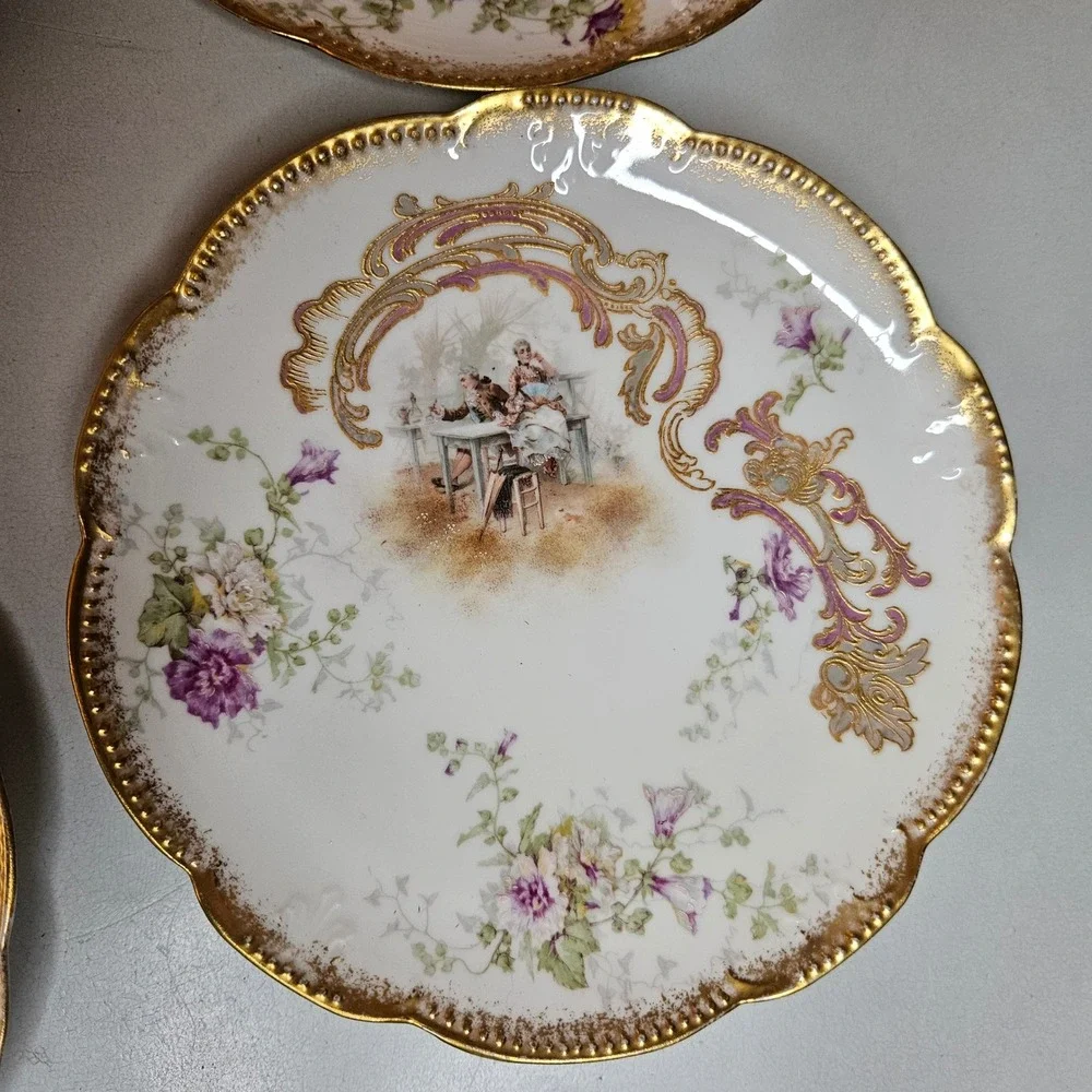 Antique Limoges France AK CD Courting Scene Gold Gilt Scalloped Rim Plates 8.5